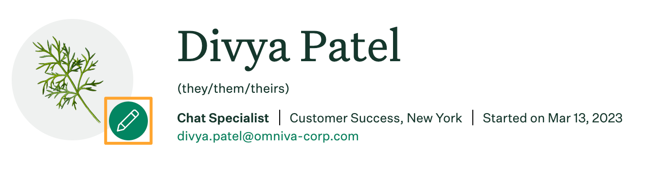 Employee profile header for Divya Patel with pencil icon highlighted for updating profile image
