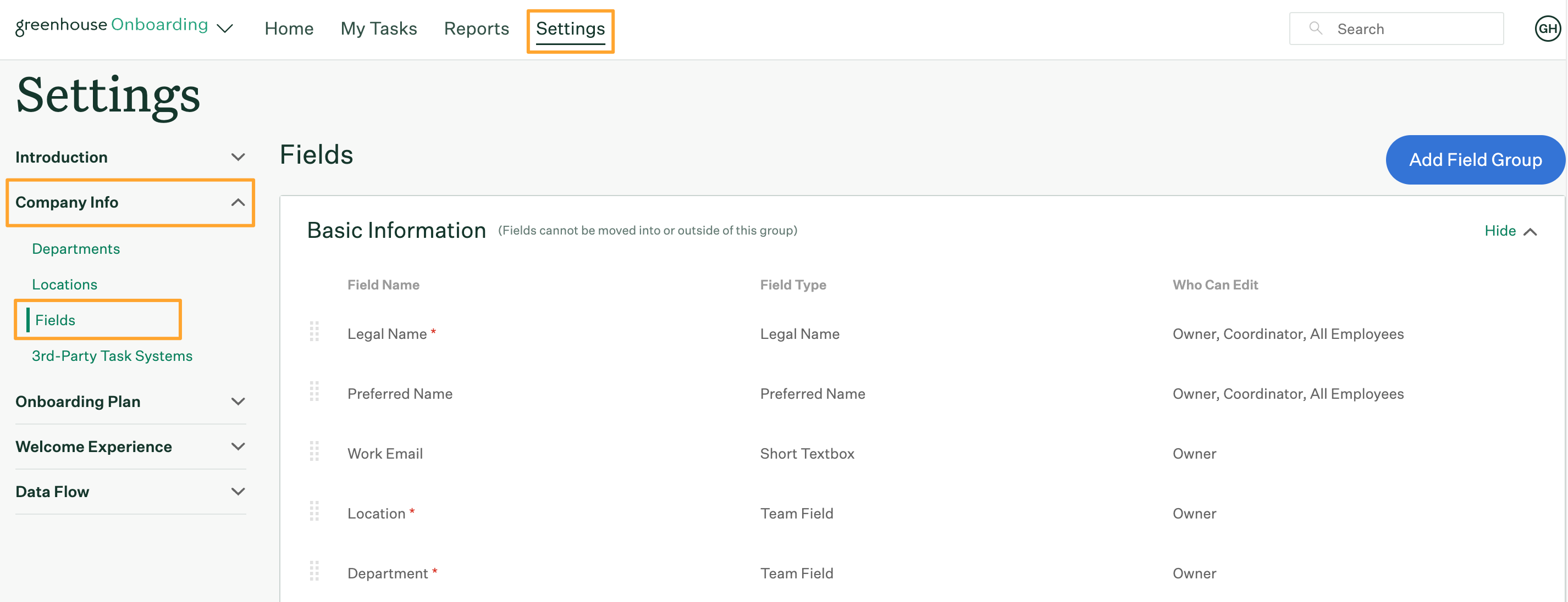 Fields page in Greenhouse Onboarding settings with navigation steps highlighted in marigold