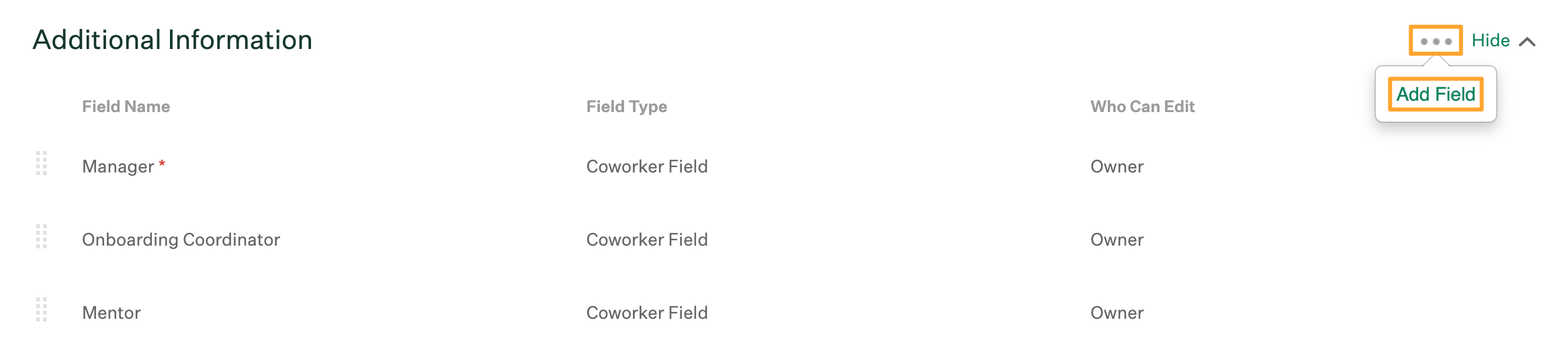 Additional Information field group in Greenhouse Onboarding Fields settings with ellipsis and Add Field buttons highlighted