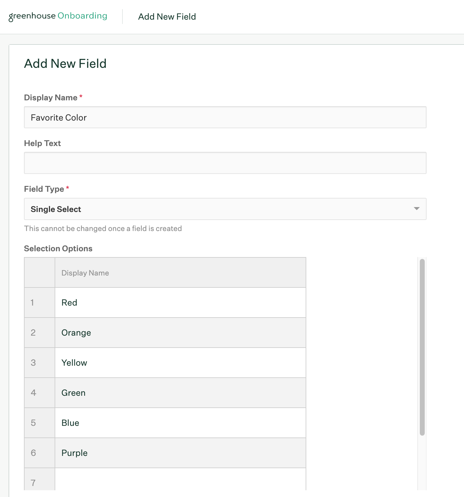 Add new field page in Greenhouse Onboarding Field settings