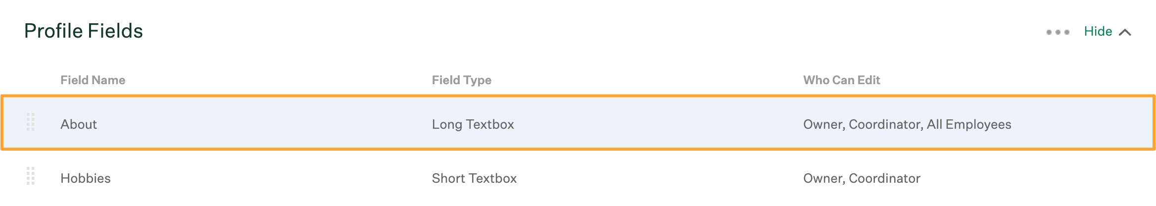 Existing field hovered over and highlighted to edit