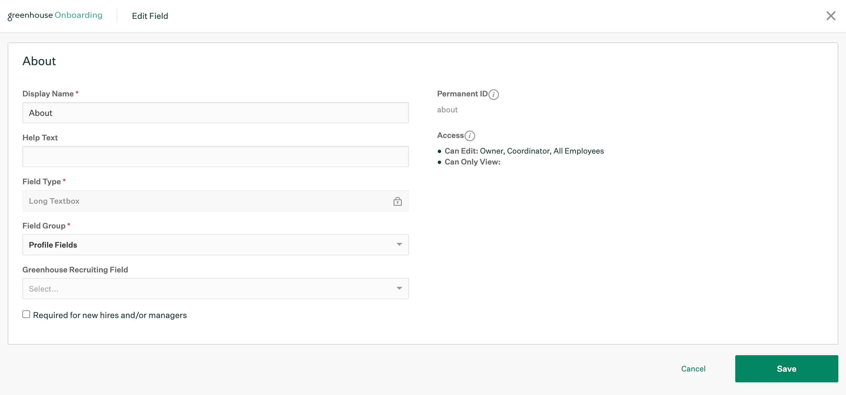 Edit field page in Greenhouse Onboarding Fields settings