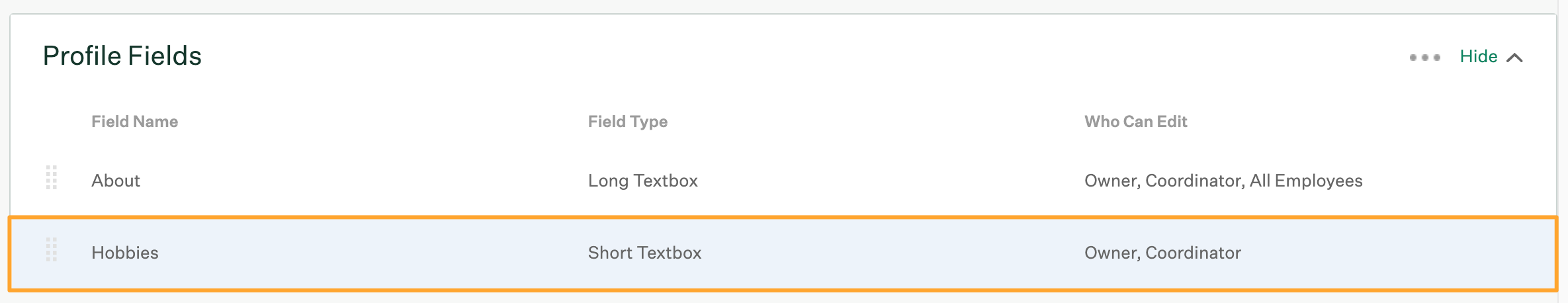 Hobbies field hovered over and highlighted to delete in Greenhouse Onboarding fields settings