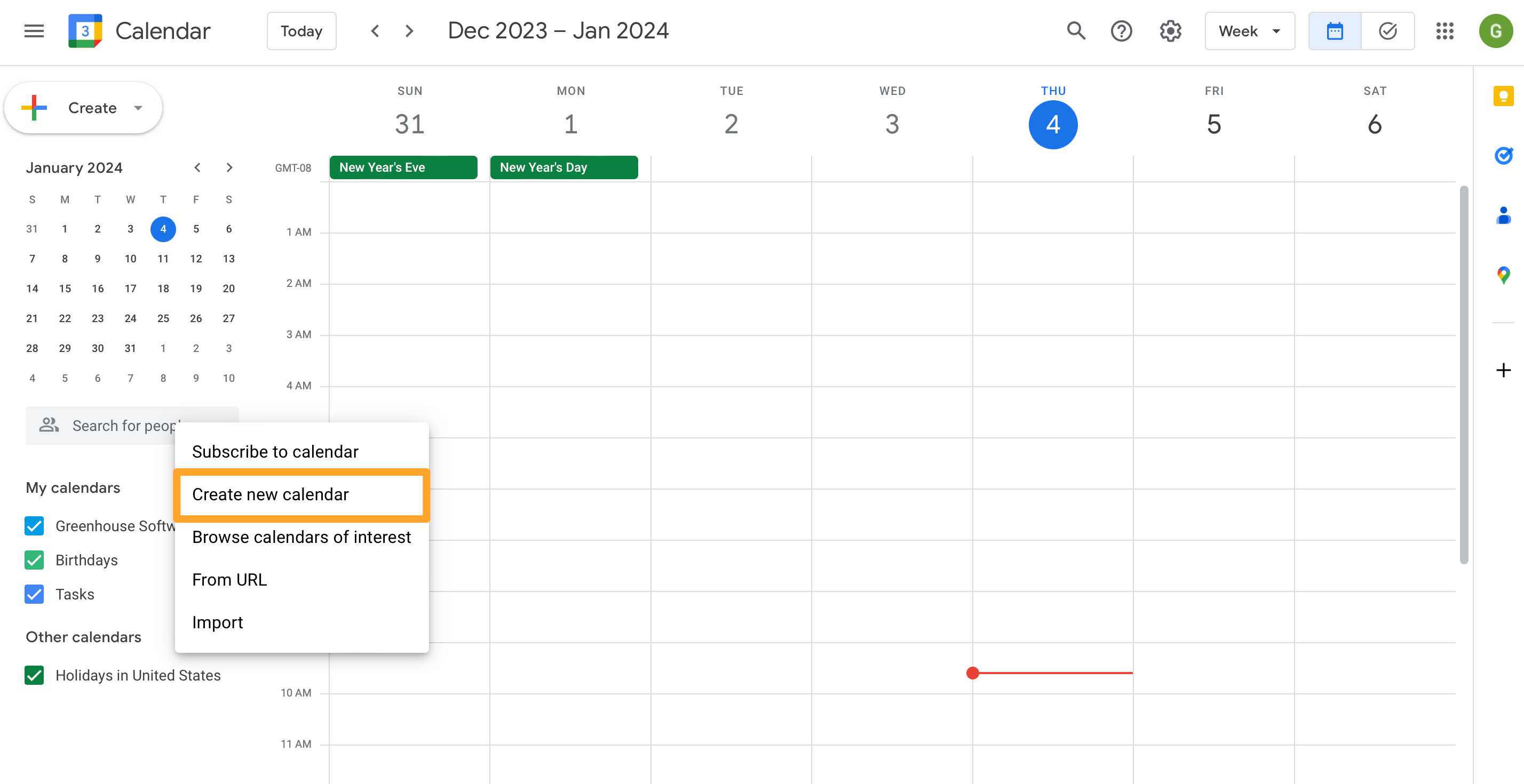 Google Calendar shows Create new calendar button highlighted in marigold