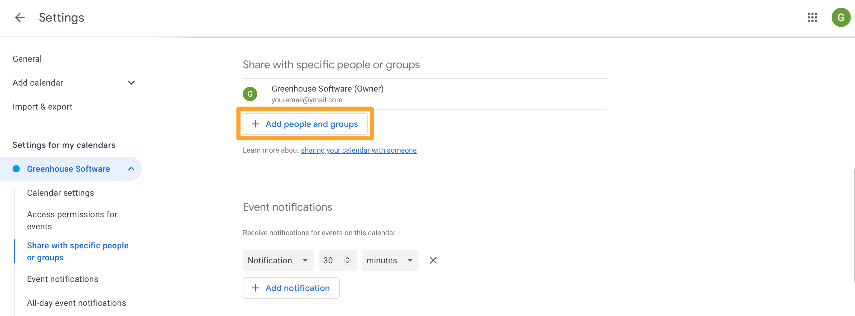 Google Calendar shows Add people and groups button highlighted in marigold