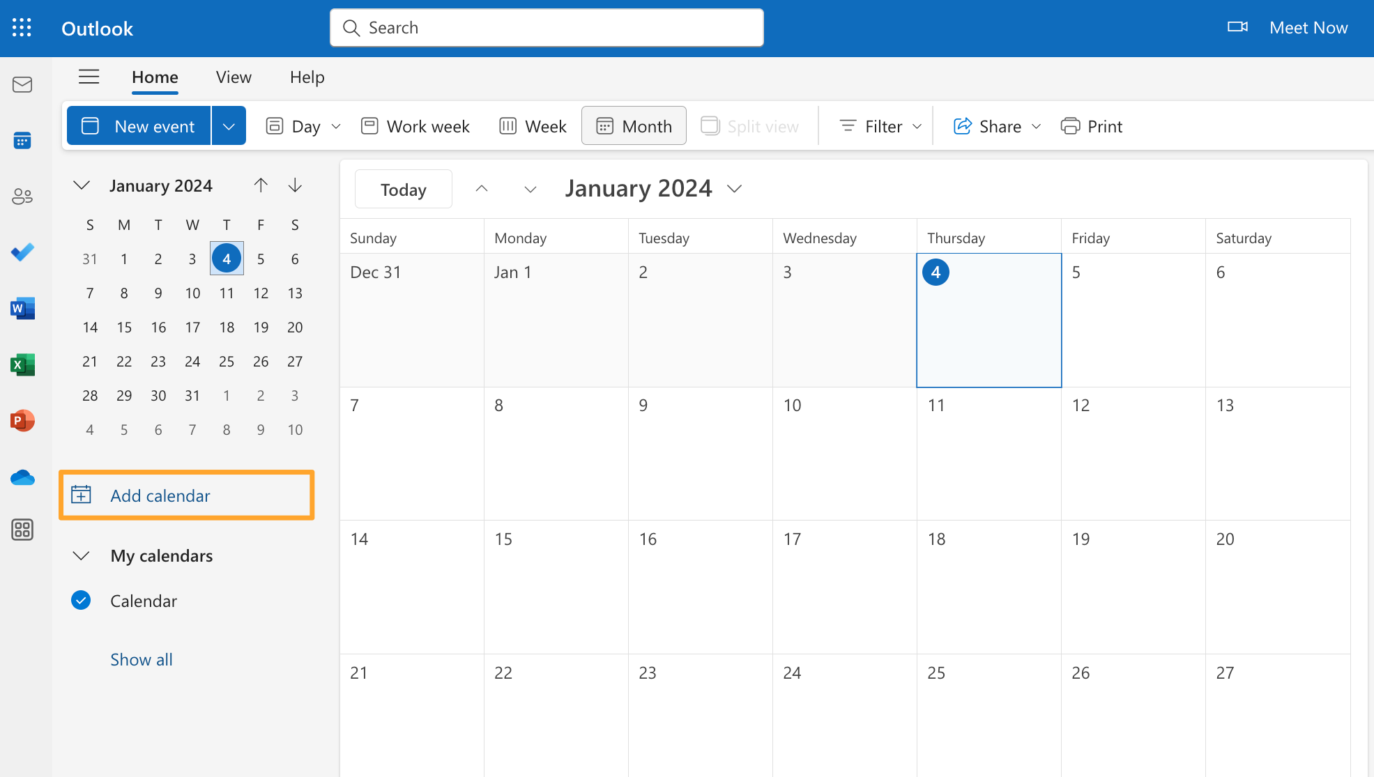 Outlook 365 shows an example calendar with the Add calendar button highlighted in marigold