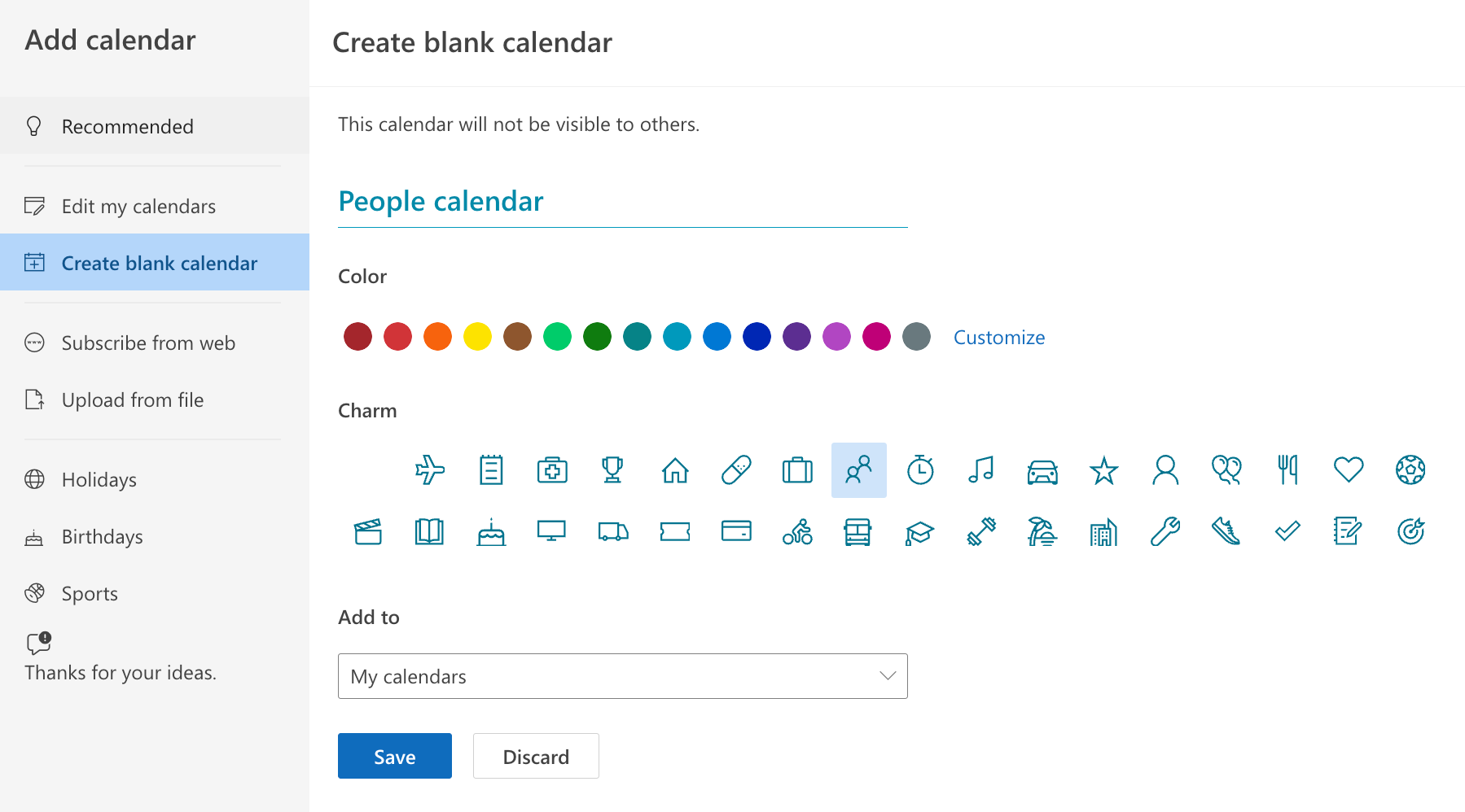 An example new calendar named People calendar is shown on calendar creation for Outlook 365