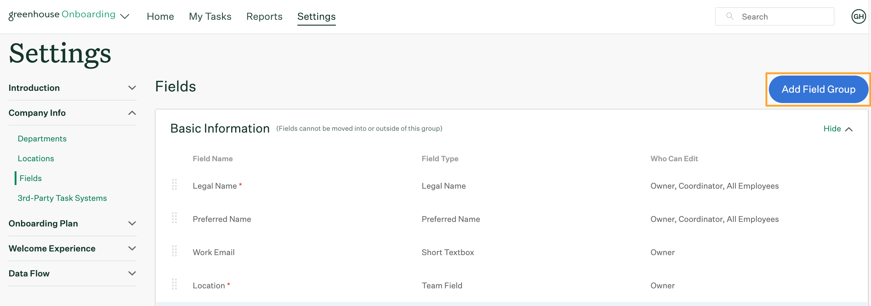 Add Field Group button highlighted on Fields page in Greenhouse Onboarding Settings