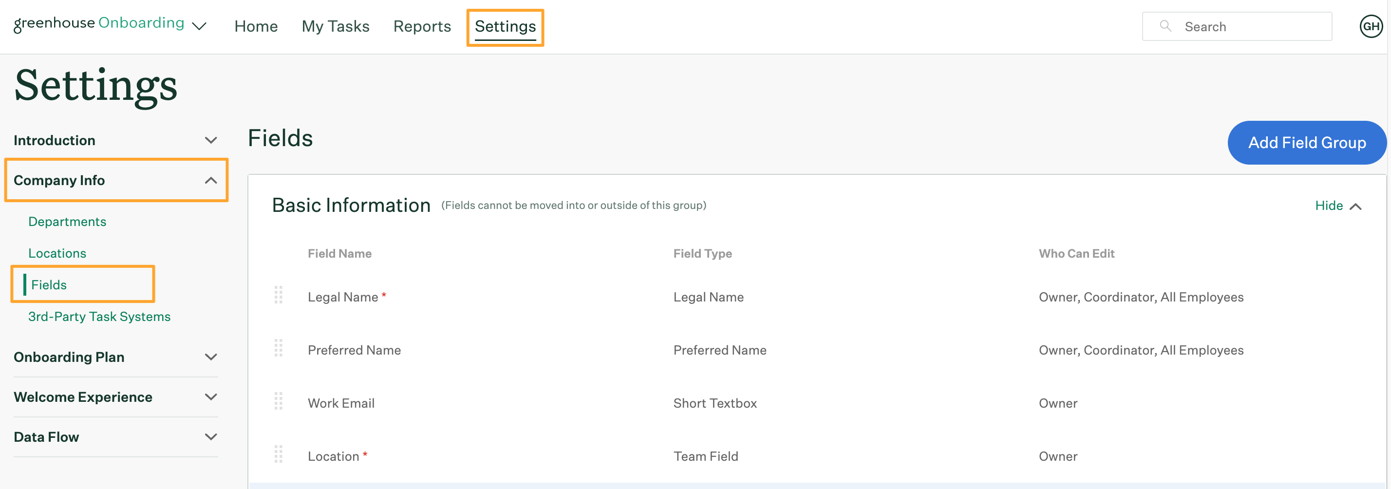 Fields page in Greenhouse Onboarding Settings with navigation steps highlighted