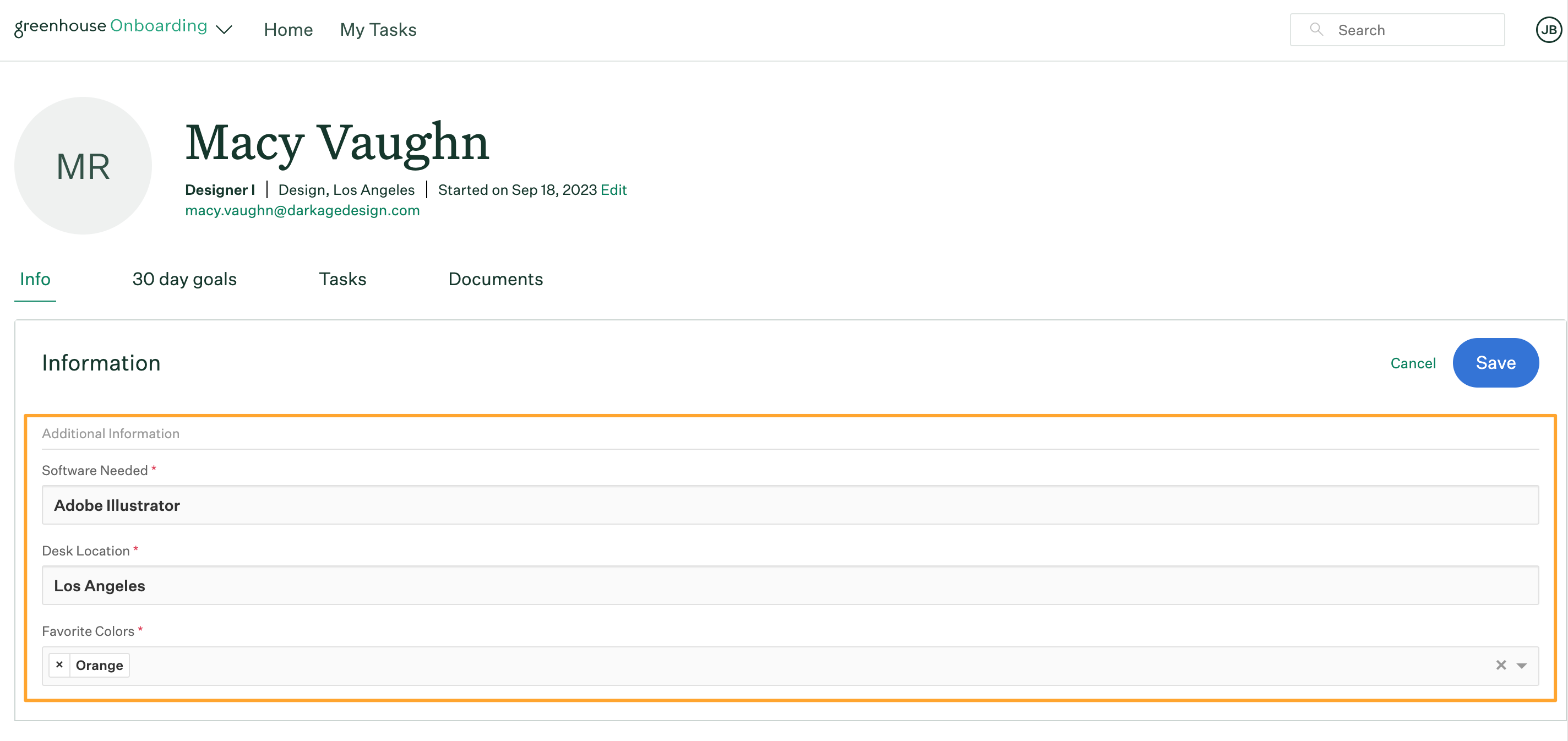 Manager form on new hire employee profile with additional information fields filled out and highlighted