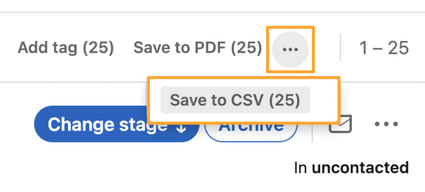 Save to CSV button highlighted in LinkedIn Recruiter