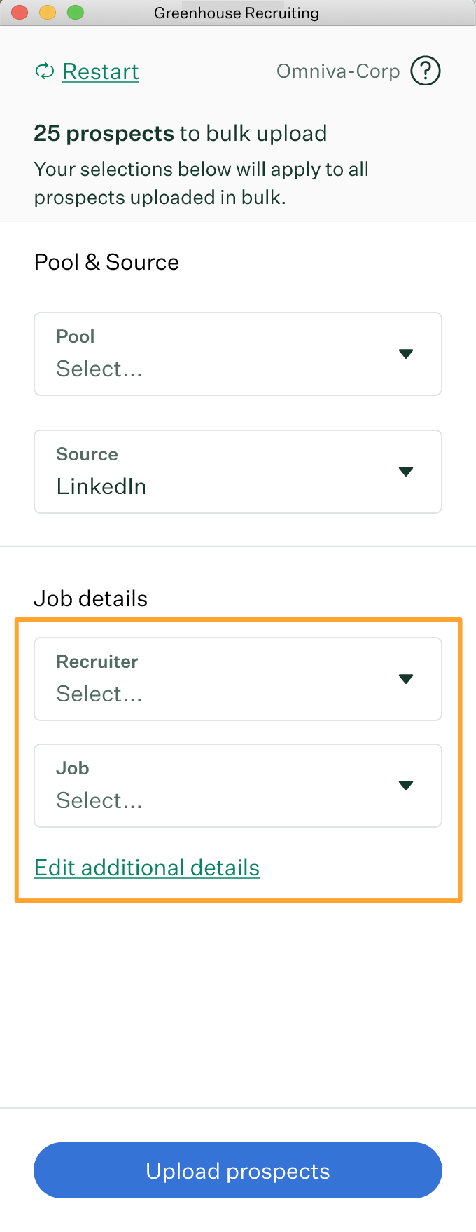 Greenhouse Recruiting Chrome extension page 2 of bulk upload with Job Details dropdowns highlighted