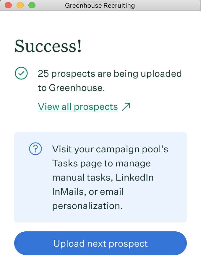 Greenhouse Recruiting Chrome extension bulk upload success screen after clicking Upload prospects