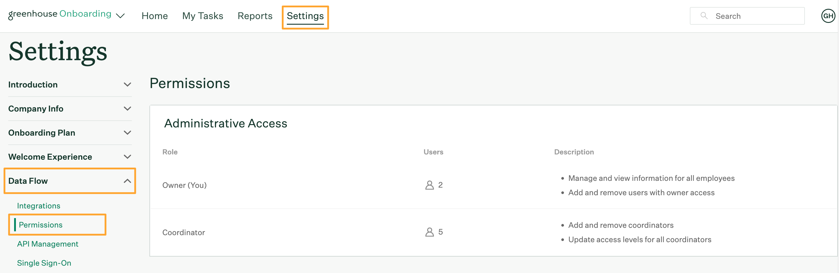 Greenhouse Onboarding Permissions settings page with navigation buttons highlighted