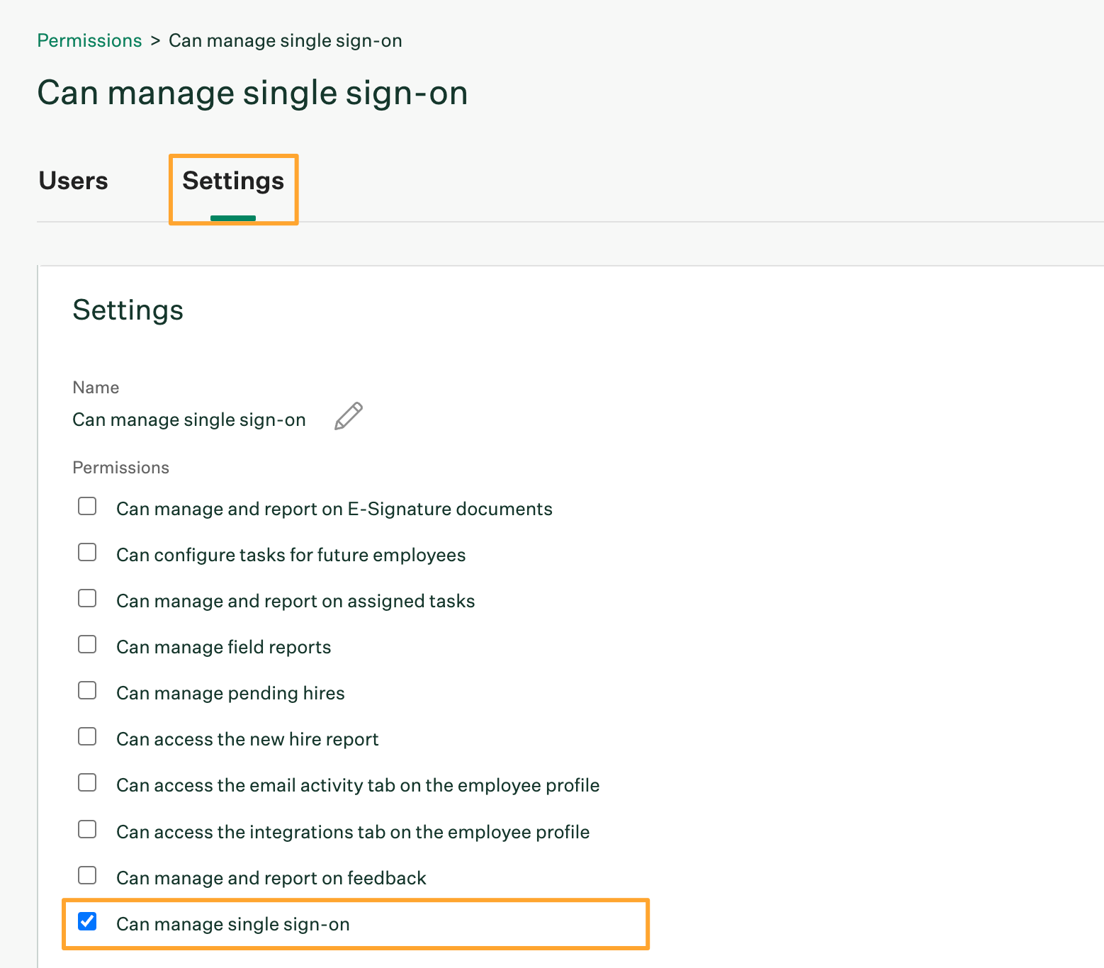 Settings tab in new custom role with Can manage single sign on permission enabled and highlighted