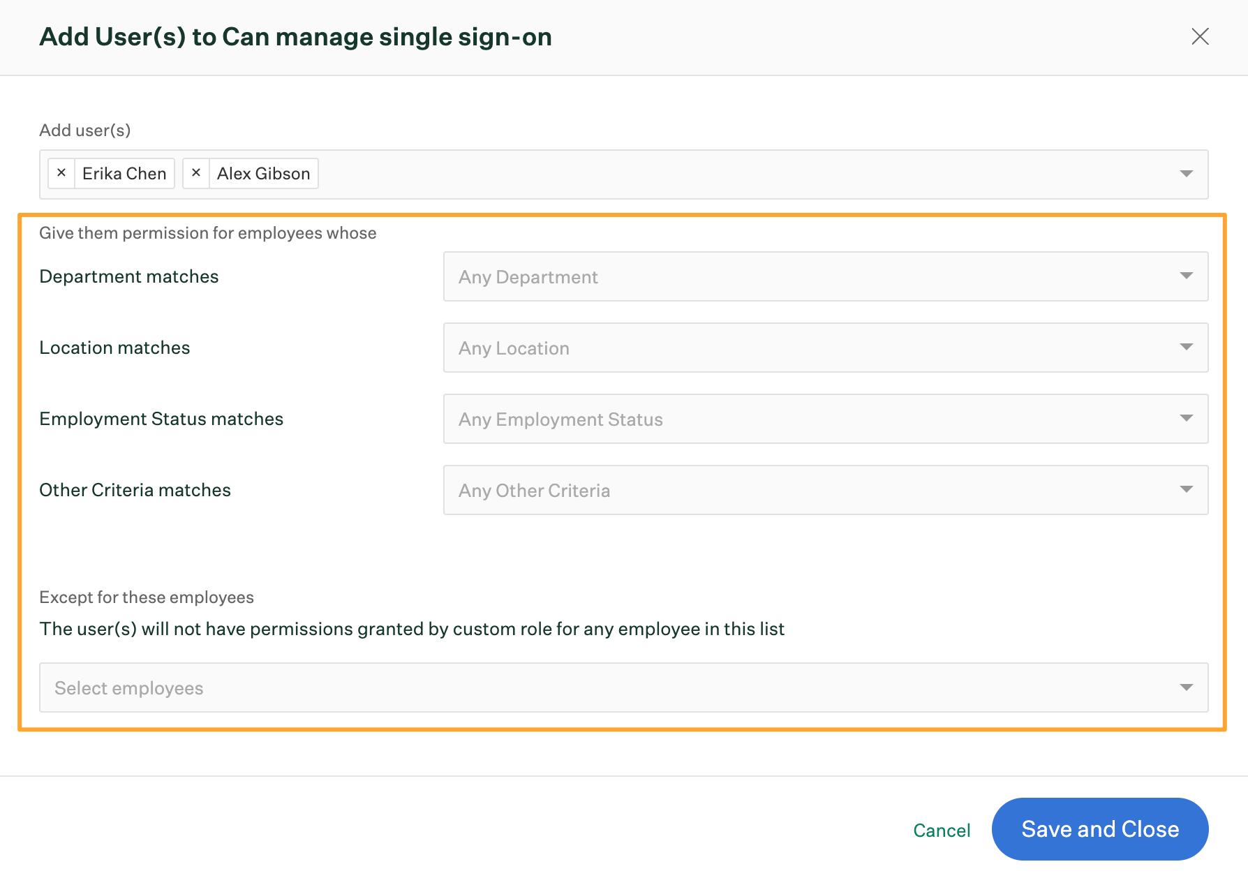 Add Users dialog box with match criteria fields highlighted