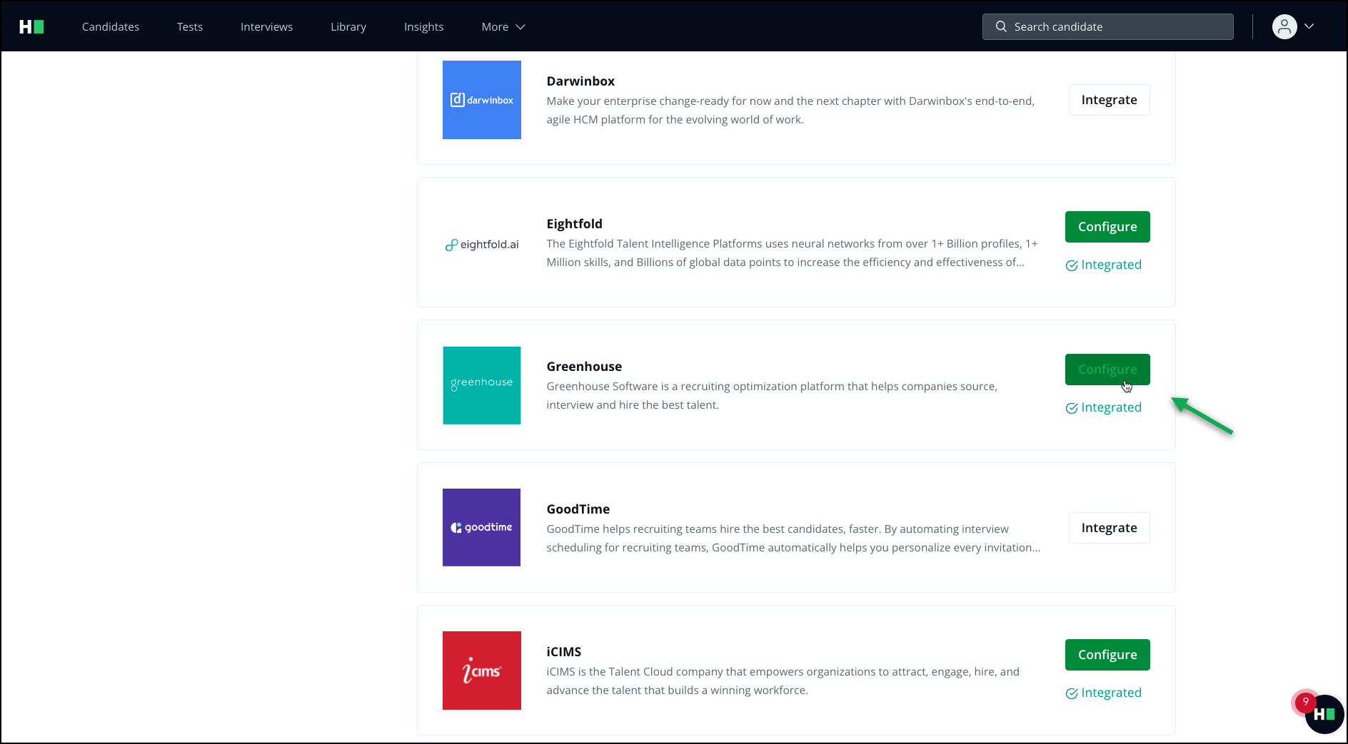 The HackerRank platform shows Greenhouse highlighted on the Integrations page