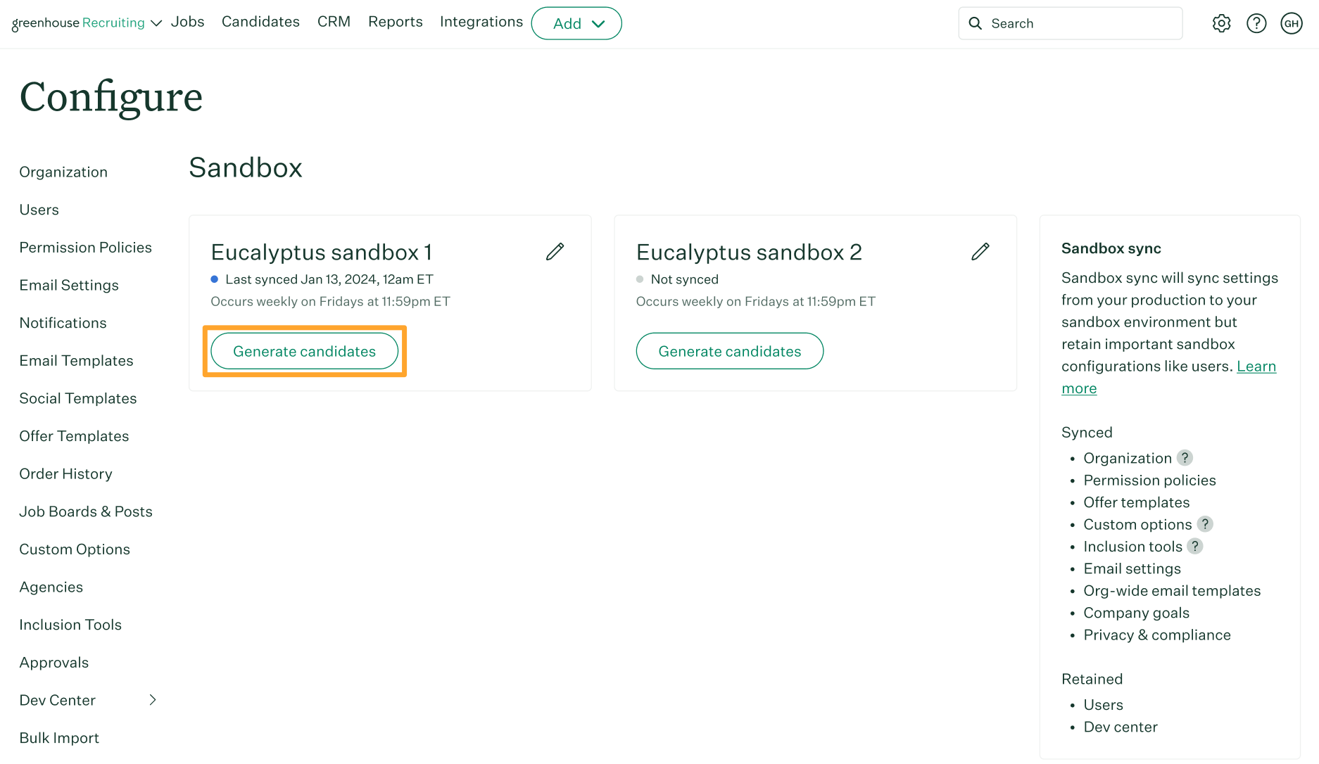The sandbox configure page shows two sandbox environments named Eucalyptus 1 and Eucalyptus 2 with the Generate candidates button highlighted under Eucalyptus sandbox 1
