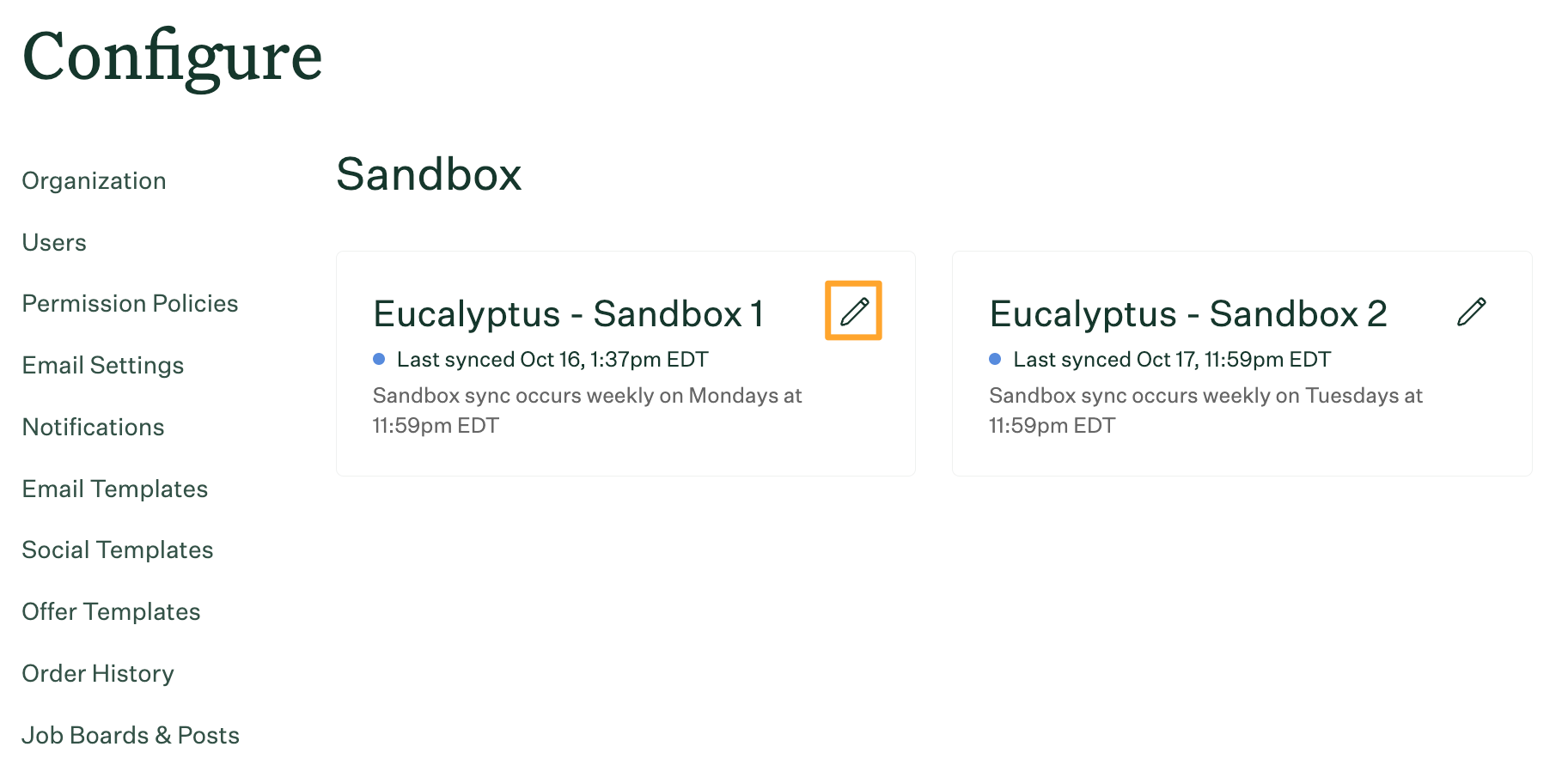 The sandbox page shows two sandbox environments named Eucalyptus - Sandbox with the Edit icon highlighted beside the first sandbox