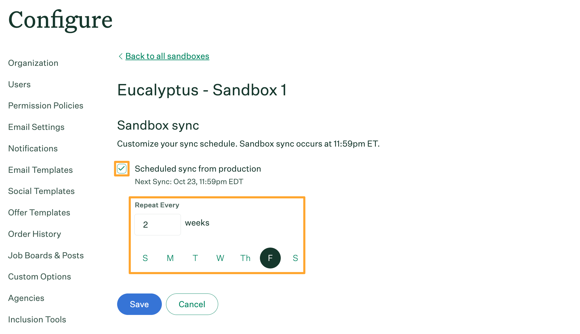 Sandbox sync settings are shown with a sync set to occur every 2 weeks on Fridays