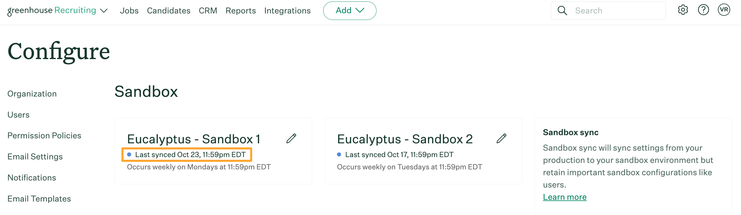 An example sandbox named Eucalyptus sandbox 1 is shown with a last sync date of October 23, 2023