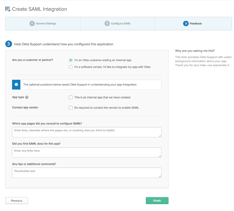 Create SAML integration page with adding an internal app option selected