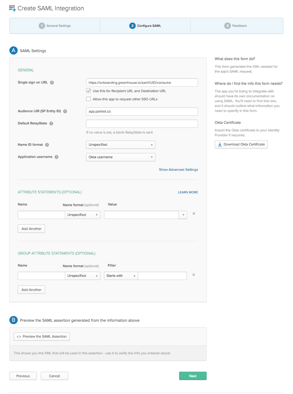 Create SAML integration page with single sign on URL and audience URI filled in