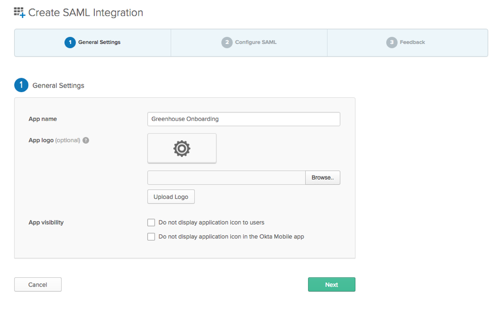 Create SAML integration page with Greenhouse Onboarding filled in as the app name and Next button