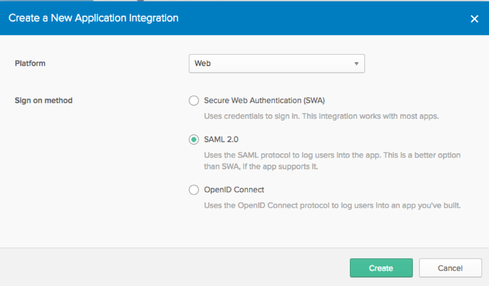 Create new application integration page with SAML 2.0 selected and Create button