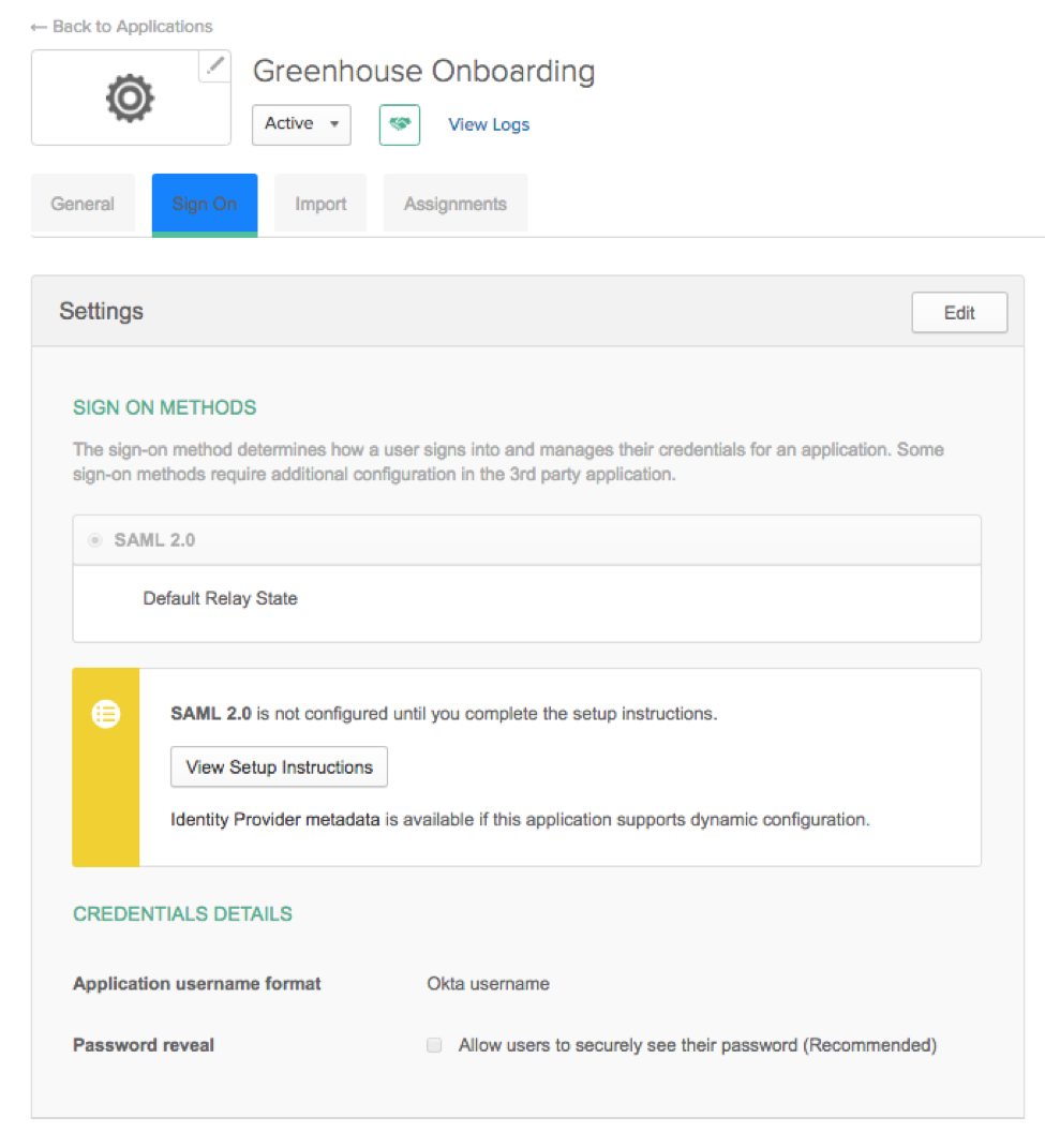 Okta application settings page with View Setup Instructions button for Okta metadata file