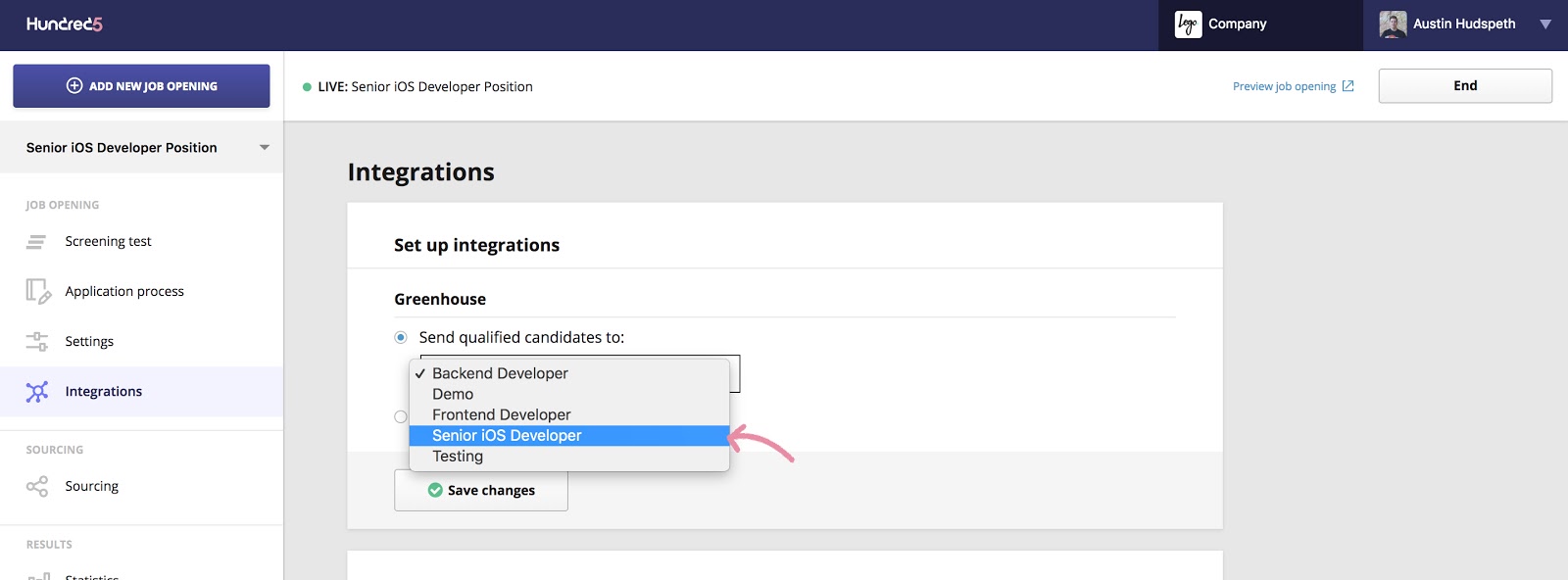 On the Toggl Hire platform, an example position is shown with a link to the job on Greenhouse Recruiting