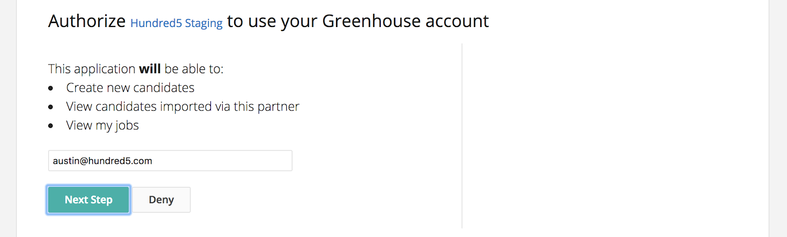The integration authorization page shows an example Greenhouse Recruiting email address entered into the field