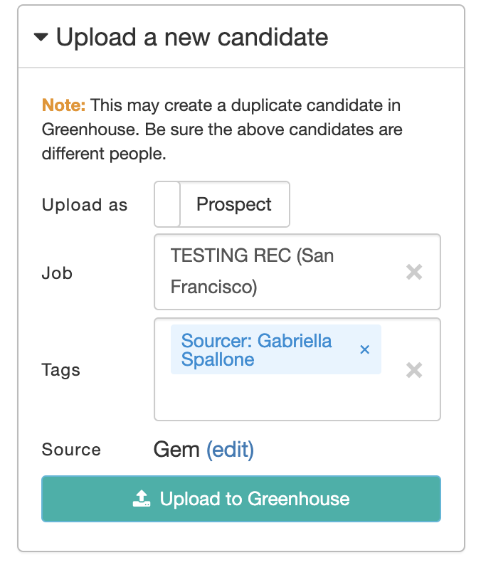 Screenshot of the upload a new candidate window