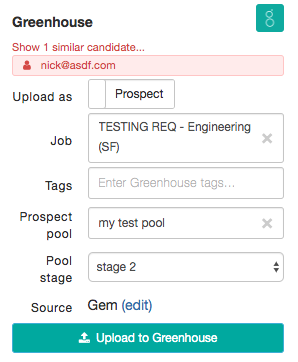 Screenshot of the upload to Greenhouse window