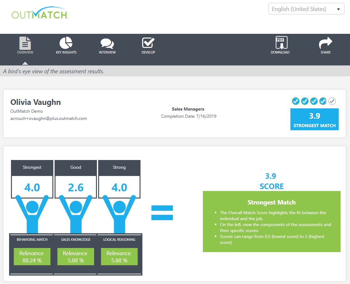 OutMatch platform shows detailed results of a candidate assessment