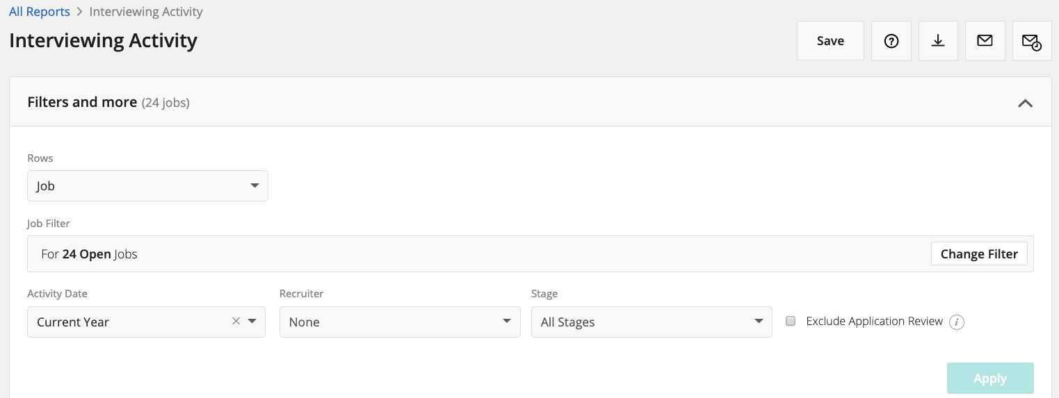 Filters and more button on an example interviewing activity per job report