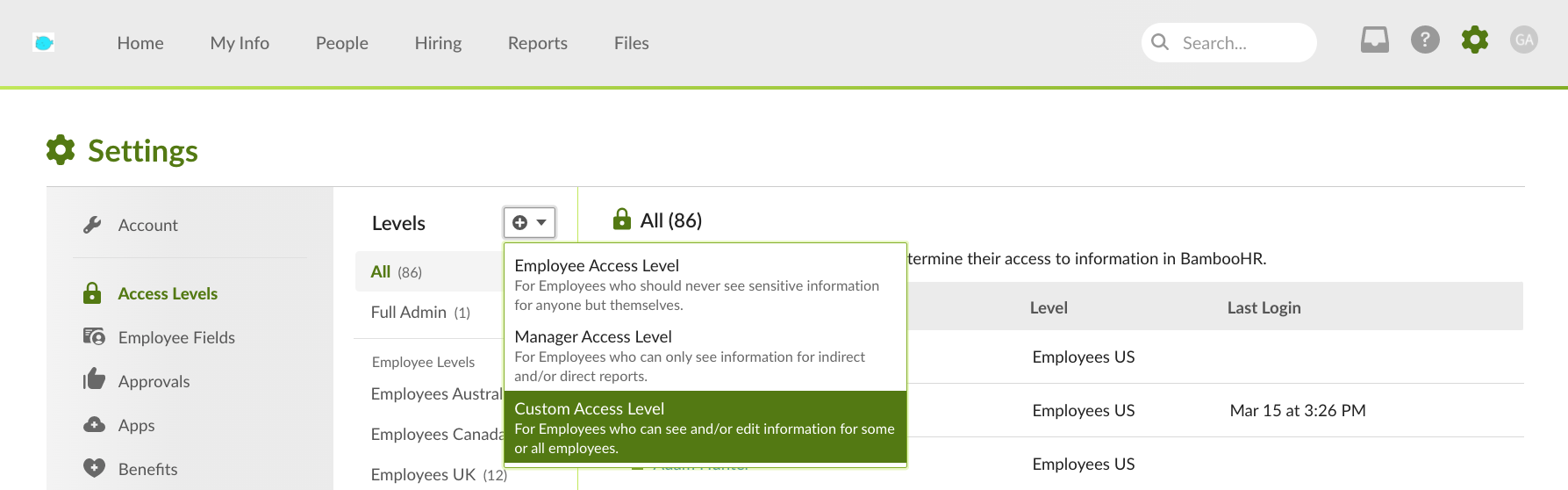 BambooHR platform shows an example Custom Access Level