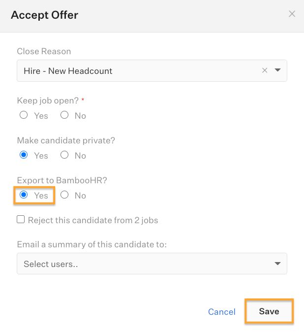 The Save button is highlighted with Export to BambooHR checked