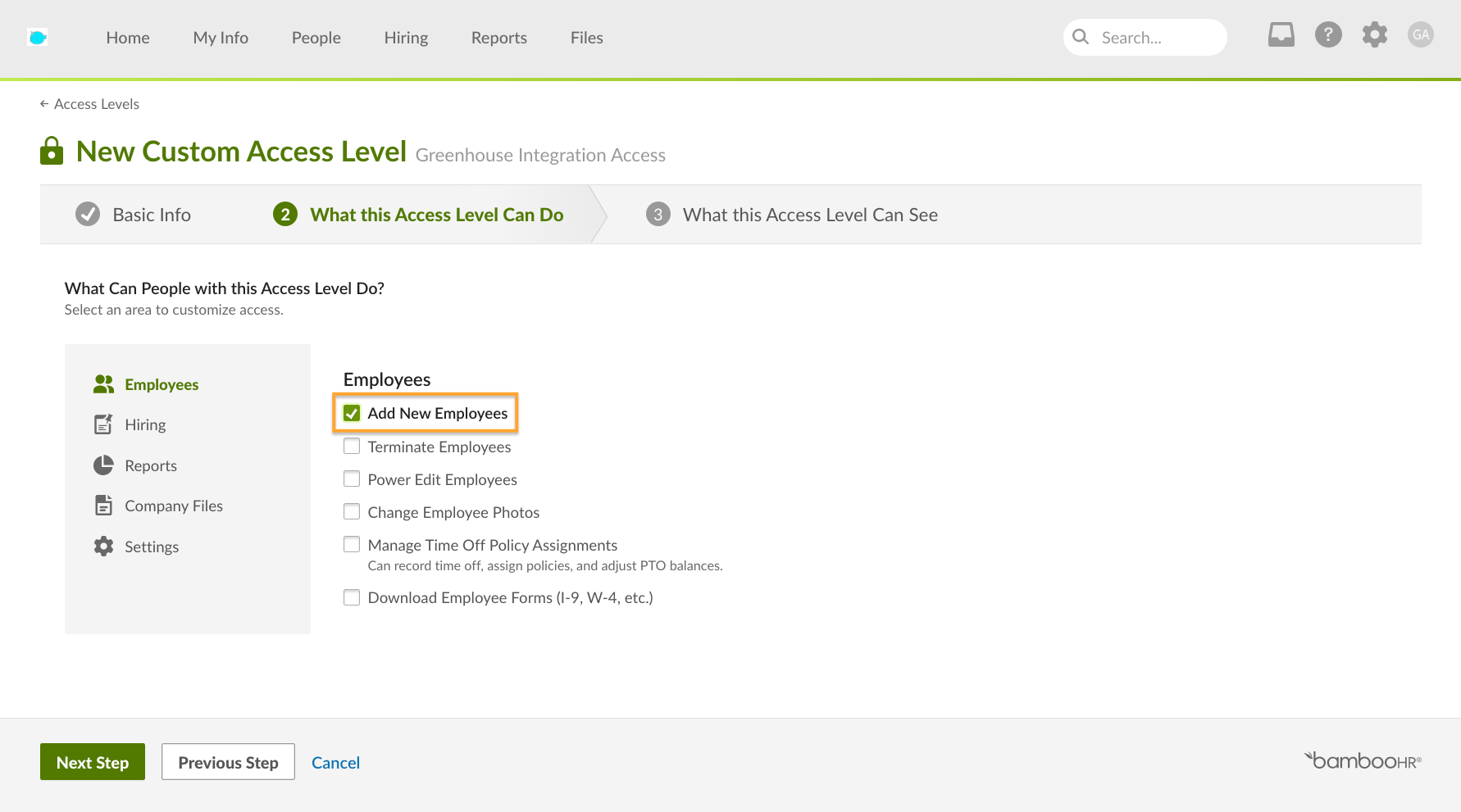 BambooHR platform shows example permissions needed for the integration