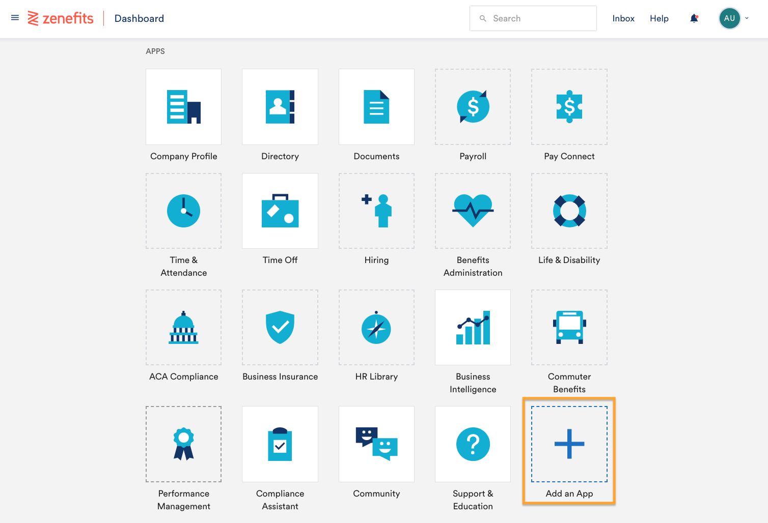 The Zenefits platform shows the Add an App button highlighted