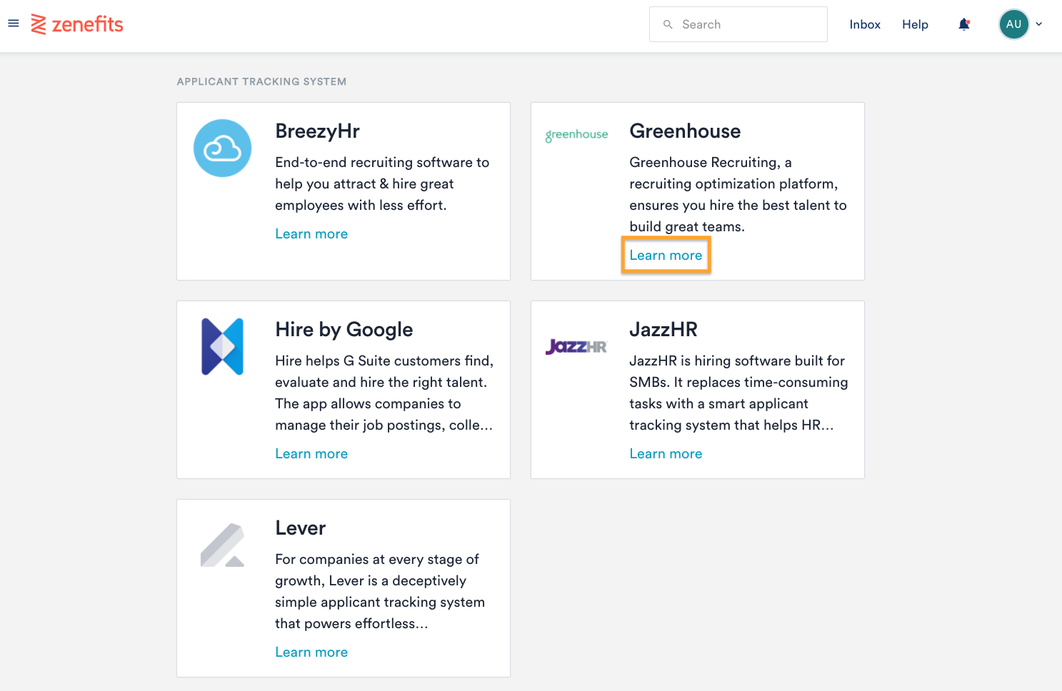 The Zenefits platform shows the Learn more button highlighted