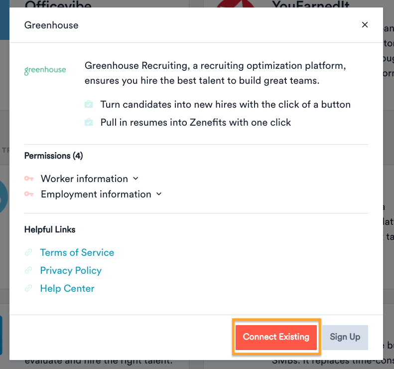The Zenefits platform shows the Connect Existing button highlighted