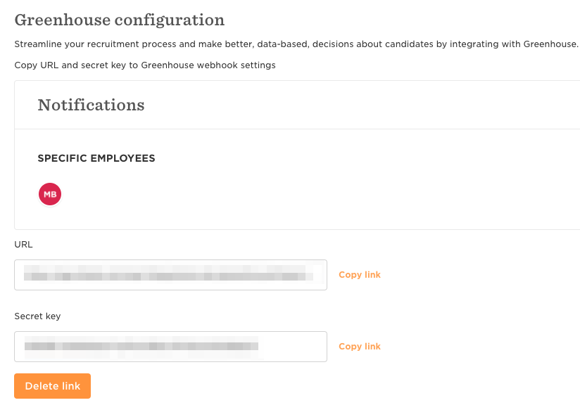 Bob integration shows Copy link highlighted next to the endpoint URL and secret key fields