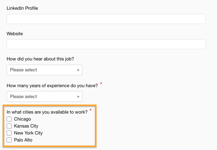 Screenshot of the custom application question added to the job application