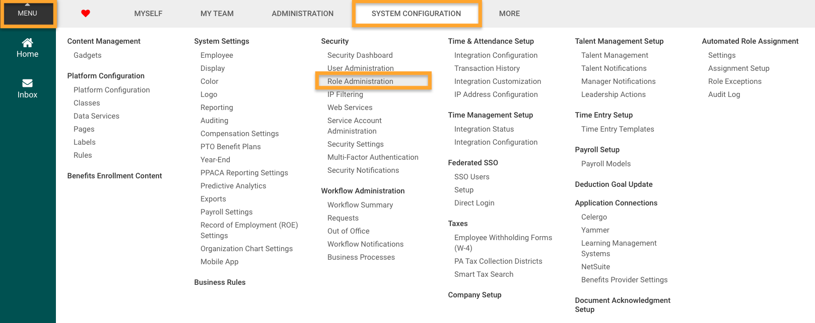 UKG Pro Onboarding shows Role Administration highlighted