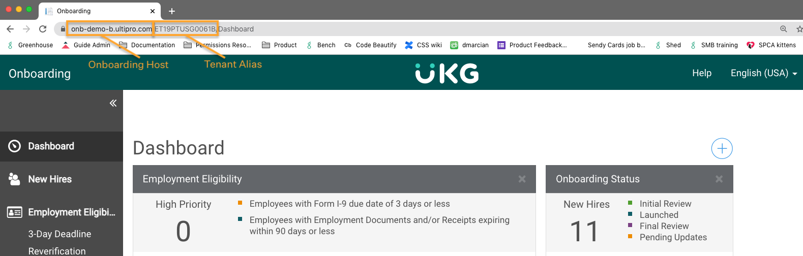 UKG Pro Onboarding shows an example URL highlighted