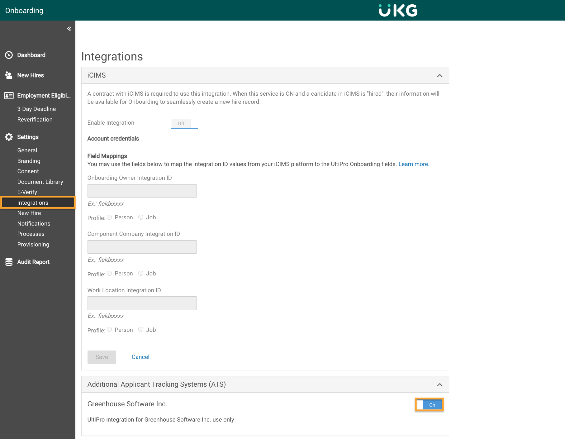 UKG Pro Onboarding shows the Integrations page with Greenhouse Software highlighted On