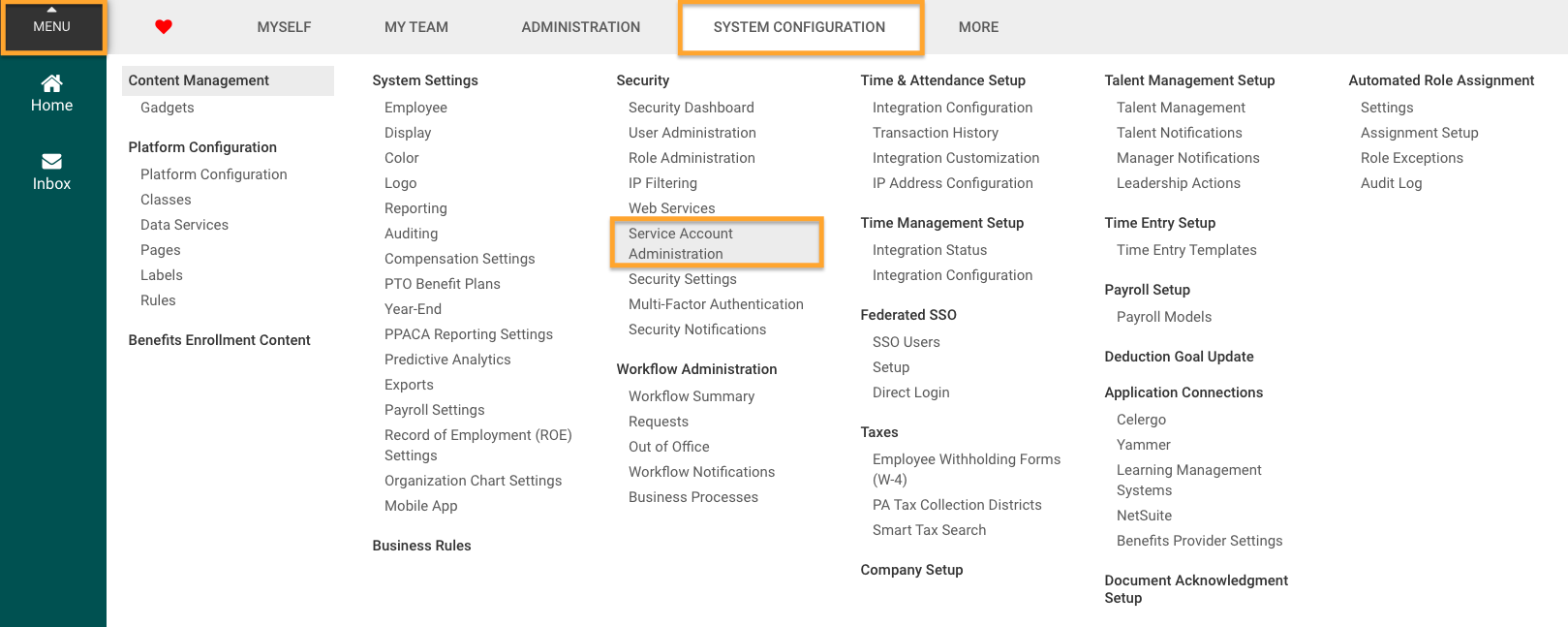 UKG UltiPro Core shows the Service Account Administration tab highlighted