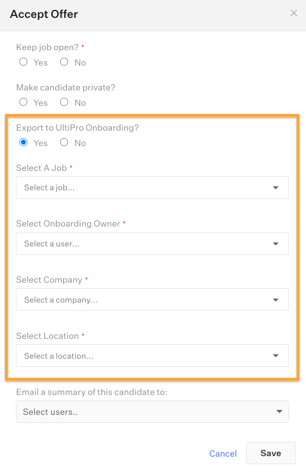 Greenhouse Recruiting shows the example fields included with the UKG Pro Onboarding integration, which are populated with value options from UKG