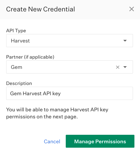 Screenshot of the create new credential window